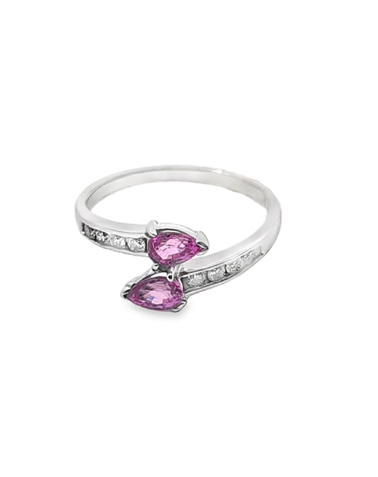 Twin Rose Quarzt Stone with Pear cut Diamond Ring
