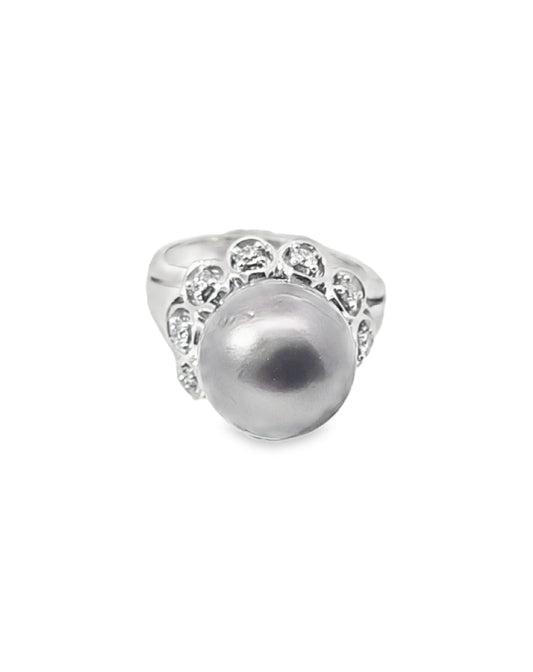 Black Pearl Semi-Precious Stone Diamond Ring