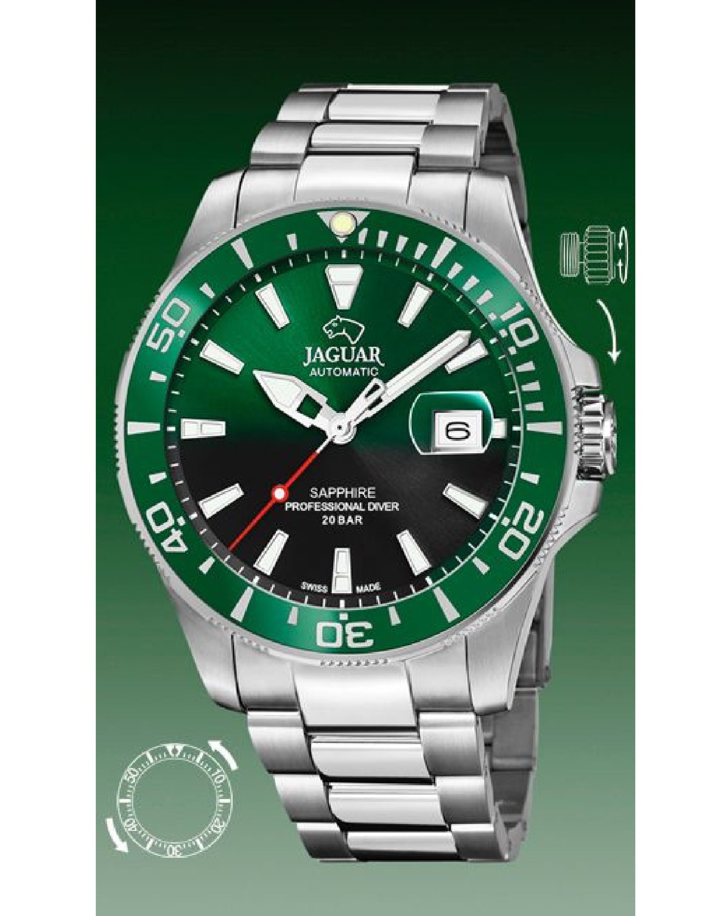 Jaguar J886/6 JAGUAR Executive Diver GREEN Dial Automatic Watch